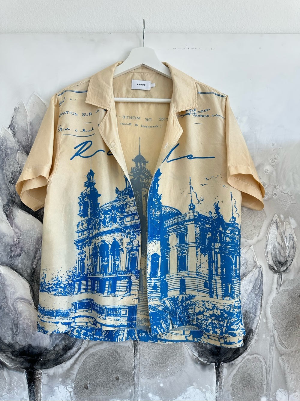 Rhude Beige and Light Blue Printed Short Sleeve Silk Shirt